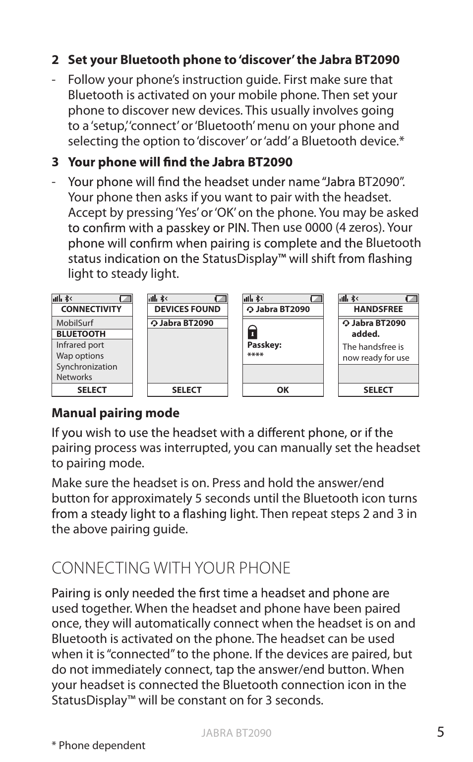 Connecting with your phone, En g li sh | Jabra BT2090 User Manual | Page 6 / 18