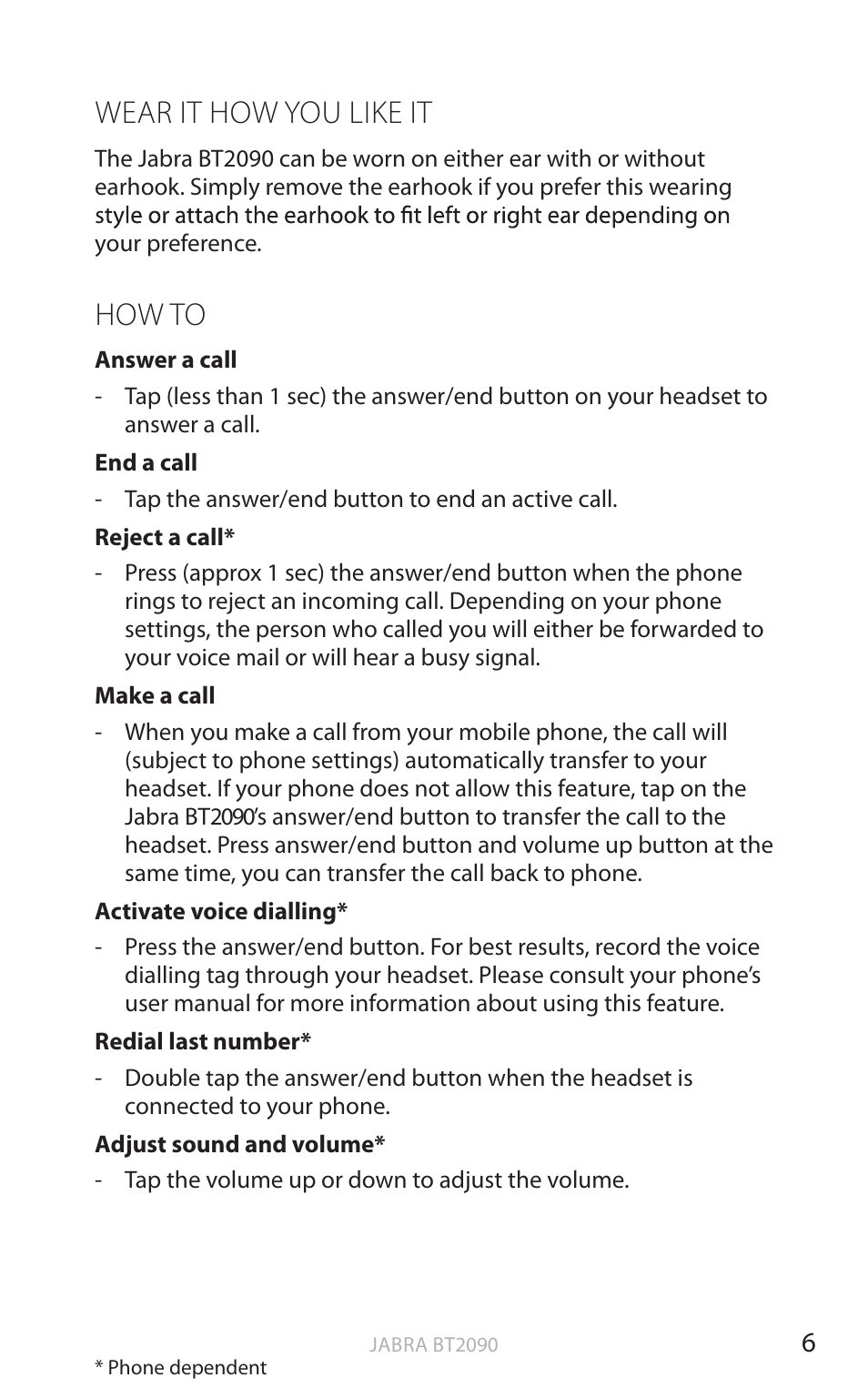 Wear it how you like it, How to, En g li sh | Jabra BT2090 User Manual | Page 7 / 18