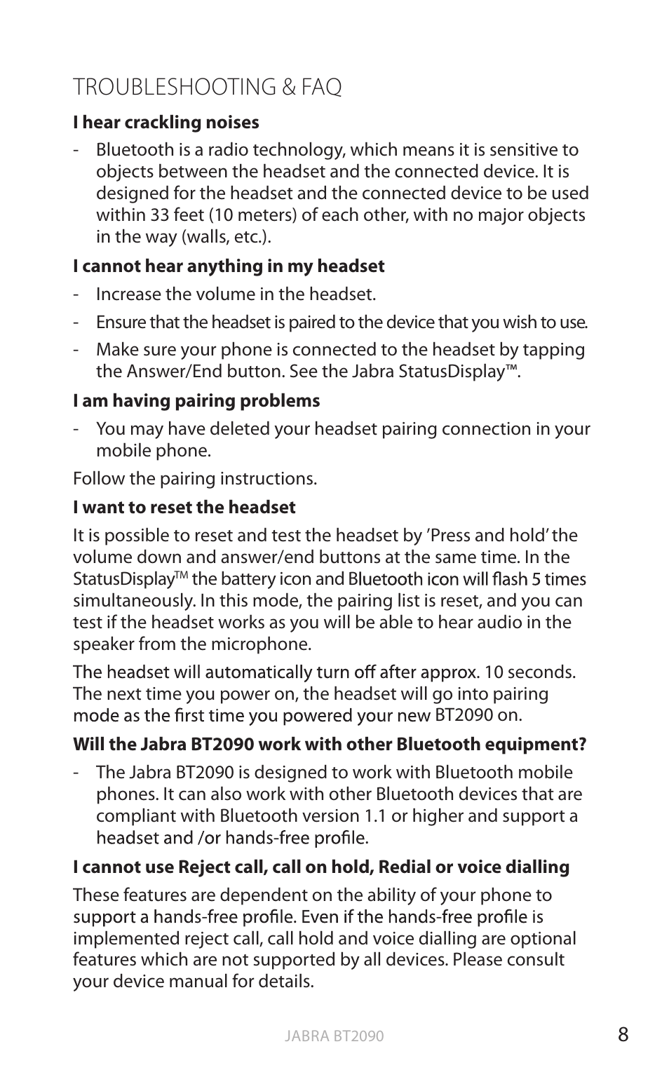 Troubleshooting & faq, En g li sh | Jabra BT2090 User Manual | Page 9 / 18