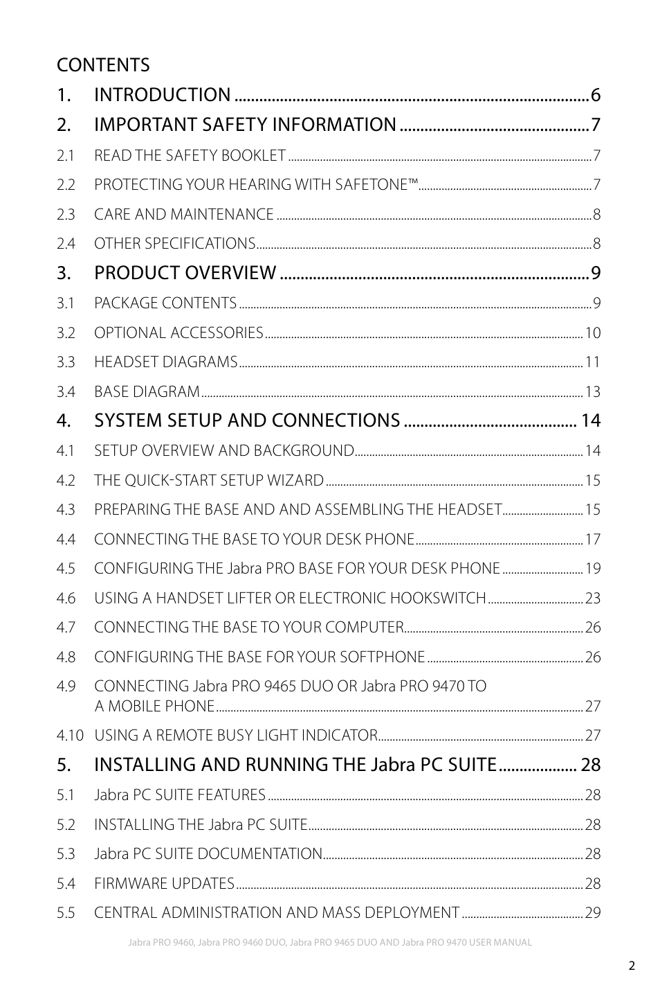 Product overview, System setup and connections, Installing and running the jabra pc suite | Jabra PRO 9460 User Manual | Page 2 / 80