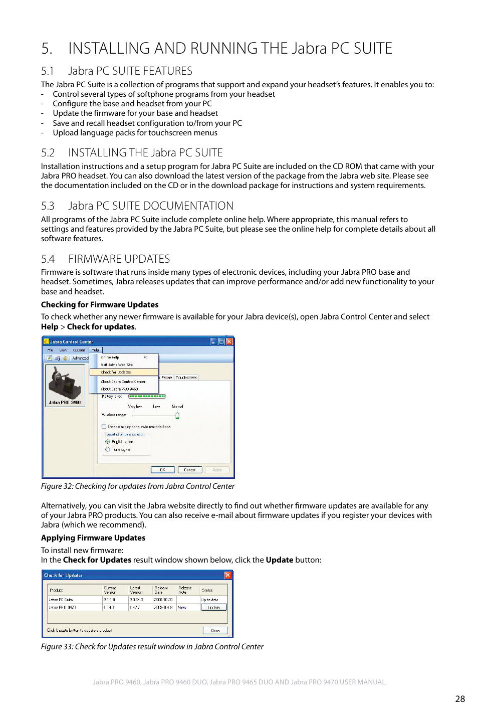 Installing and running the jabra pc suite, 1 jabra pc suite features, 2 installing the jabra pc suite | 3 jabra pc suite documentation, 4 firmware updates, En g li sh | Jabra PRO 9460 User Manual | Page 28 / 80