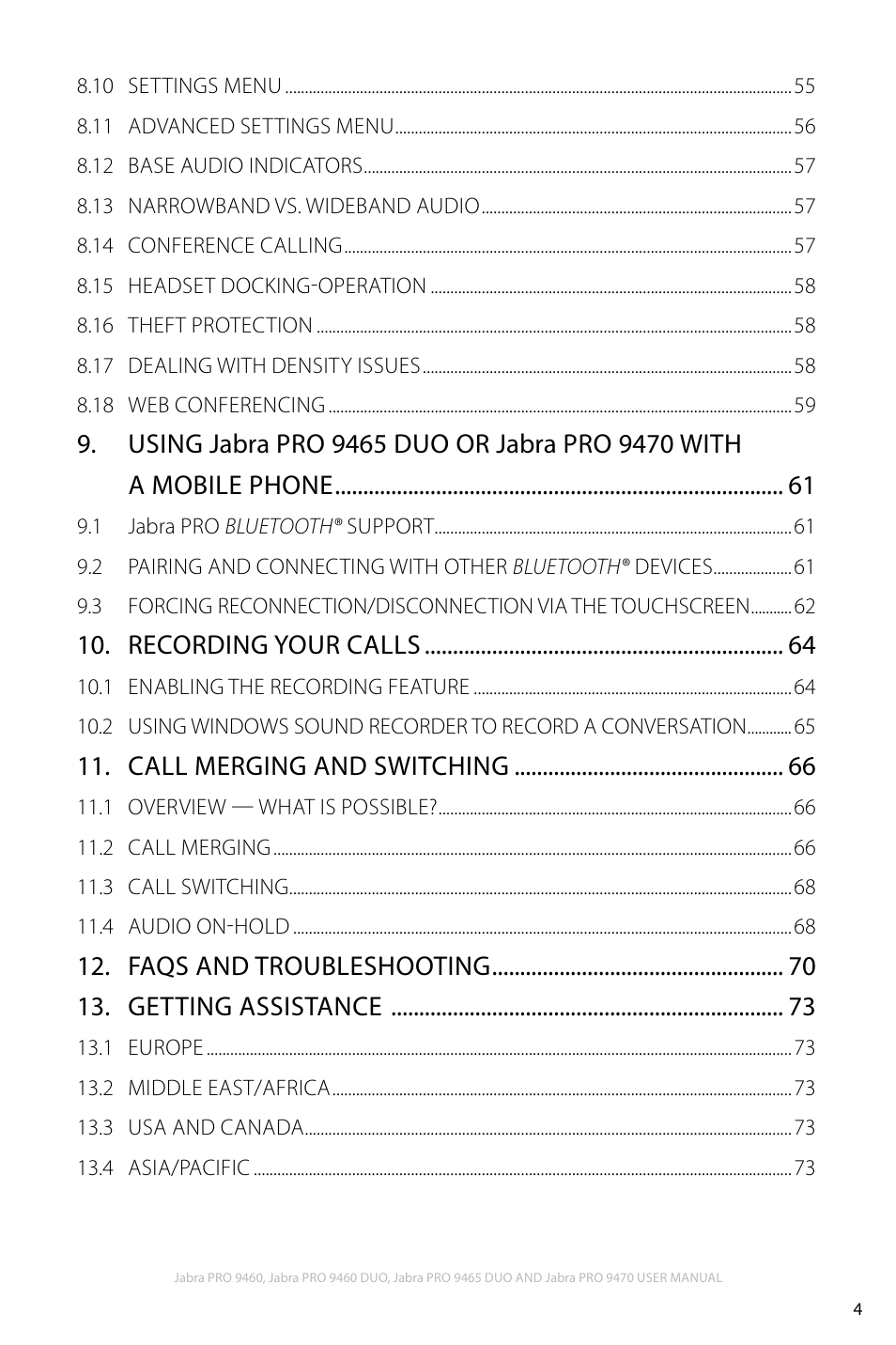 Recording your calls, Call merging and switching, Faqs and troubleshooting 13. getting assistance | Jabra PRO 9460 User Manual | Page 4 / 80