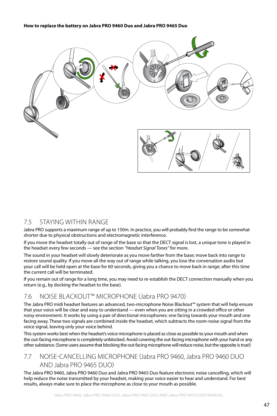 5 staying within range, 6 noise blackout™ microphone (jabra pro 9470, Duo and jabra pro 9465 duo) | Jabra PRO 9460 User Manual | Page 47 / 80