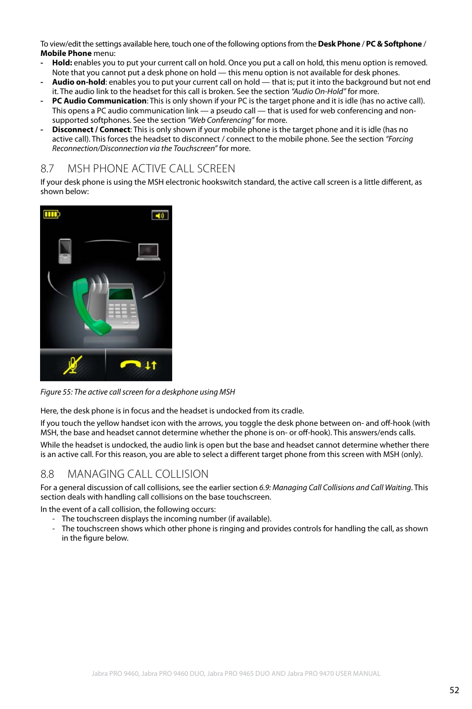 7 msh phone active call screen, 8 managing call collision, En g li sh | Jabra PRO 9460 User Manual | Page 52 / 80