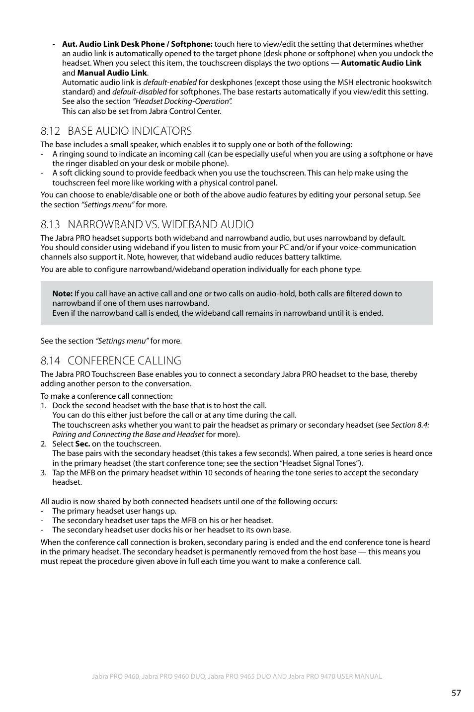 12 base audio indicators, 13 narrowband vs. wideband audio, 14 conference calling | En g li sh | Jabra PRO 9460 User Manual | Page 57 / 80