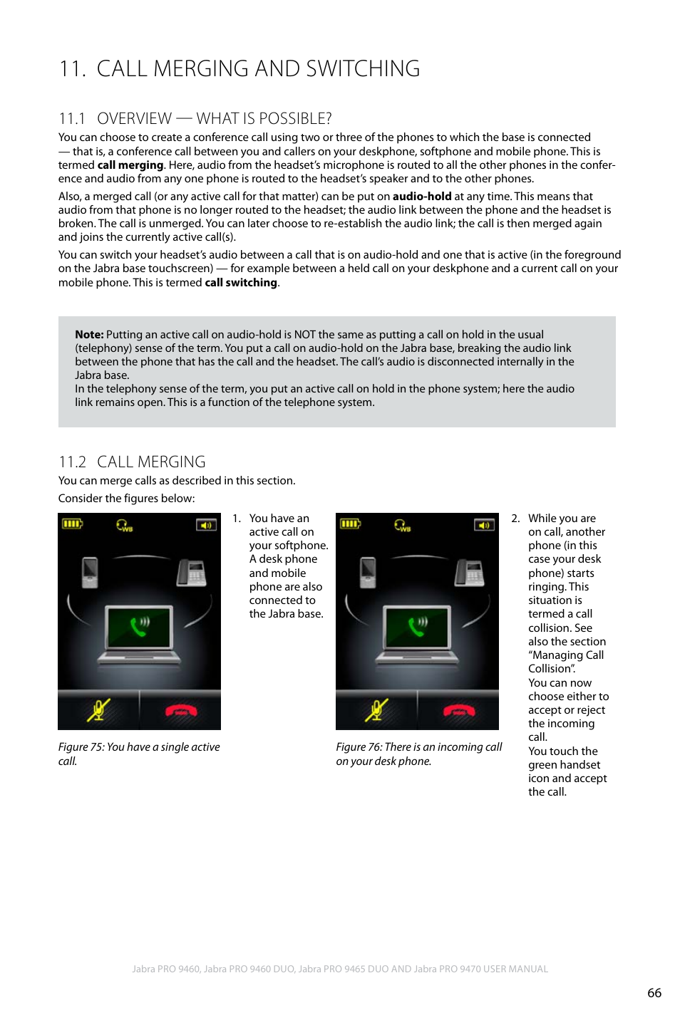 Call merging and switching, 1 overview — what is possible, 2 call merging | En g li sh | Jabra PRO 9460 User Manual | Page 66 / 80