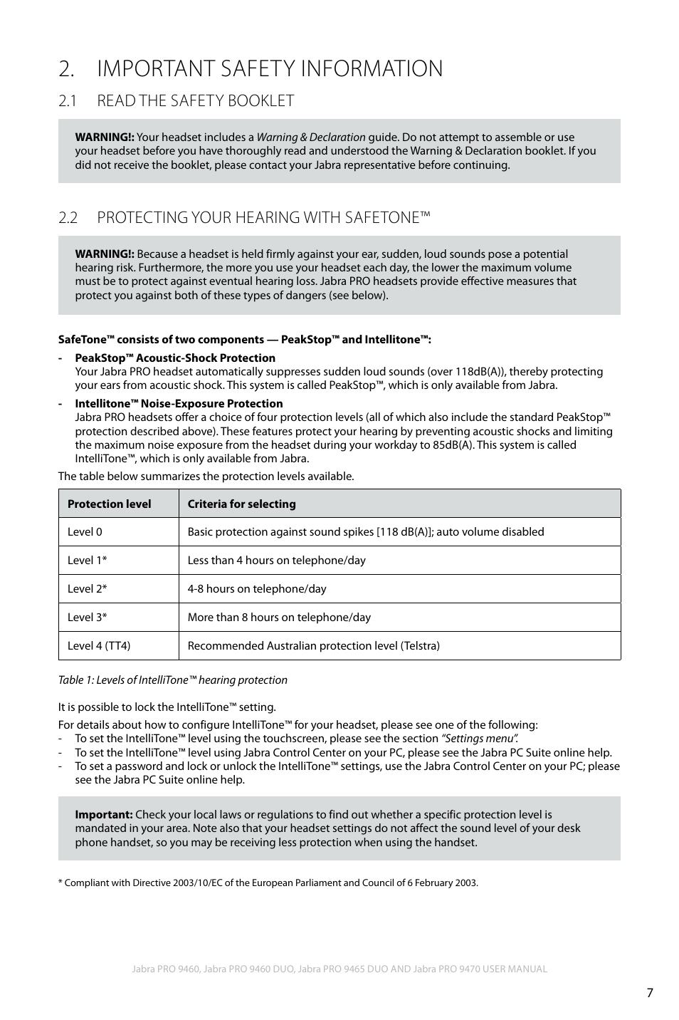 Important safety information, 1 read the safety booklet, 2 protecting your hearing with safetone | En g li sh | Jabra PRO 9460 User Manual | Page 7 / 80