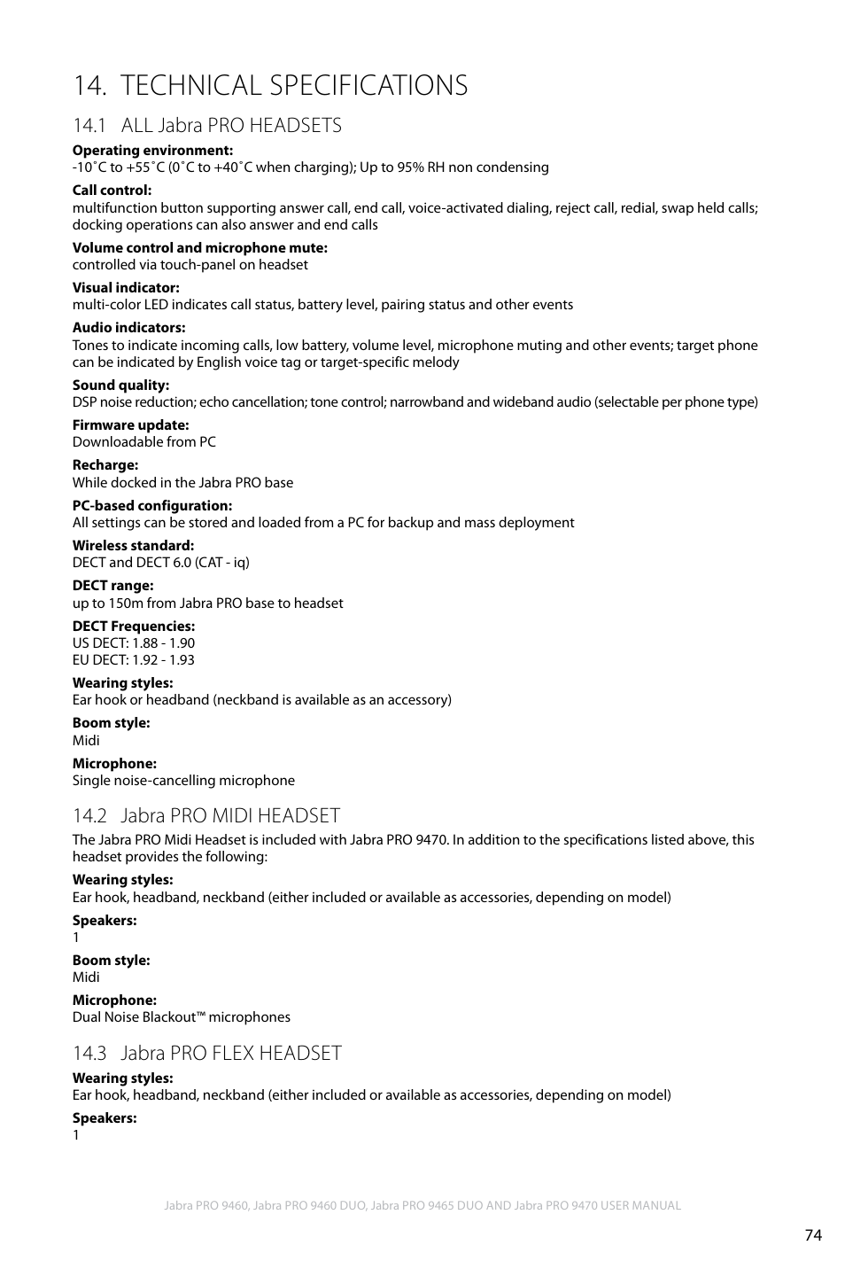 Technical specifications, 1 all jabra pro headsets, 2 jabra pro midi headset | 3 jabra pro flex headset | Jabra PRO 9460 User Manual | Page 74 / 80