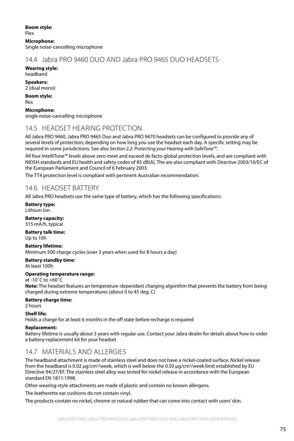 5 headset hearing protection, 6 headset battery, 7 materials and allergies | En g li sh | Jabra PRO 9460 User Manual | Page 75 / 80