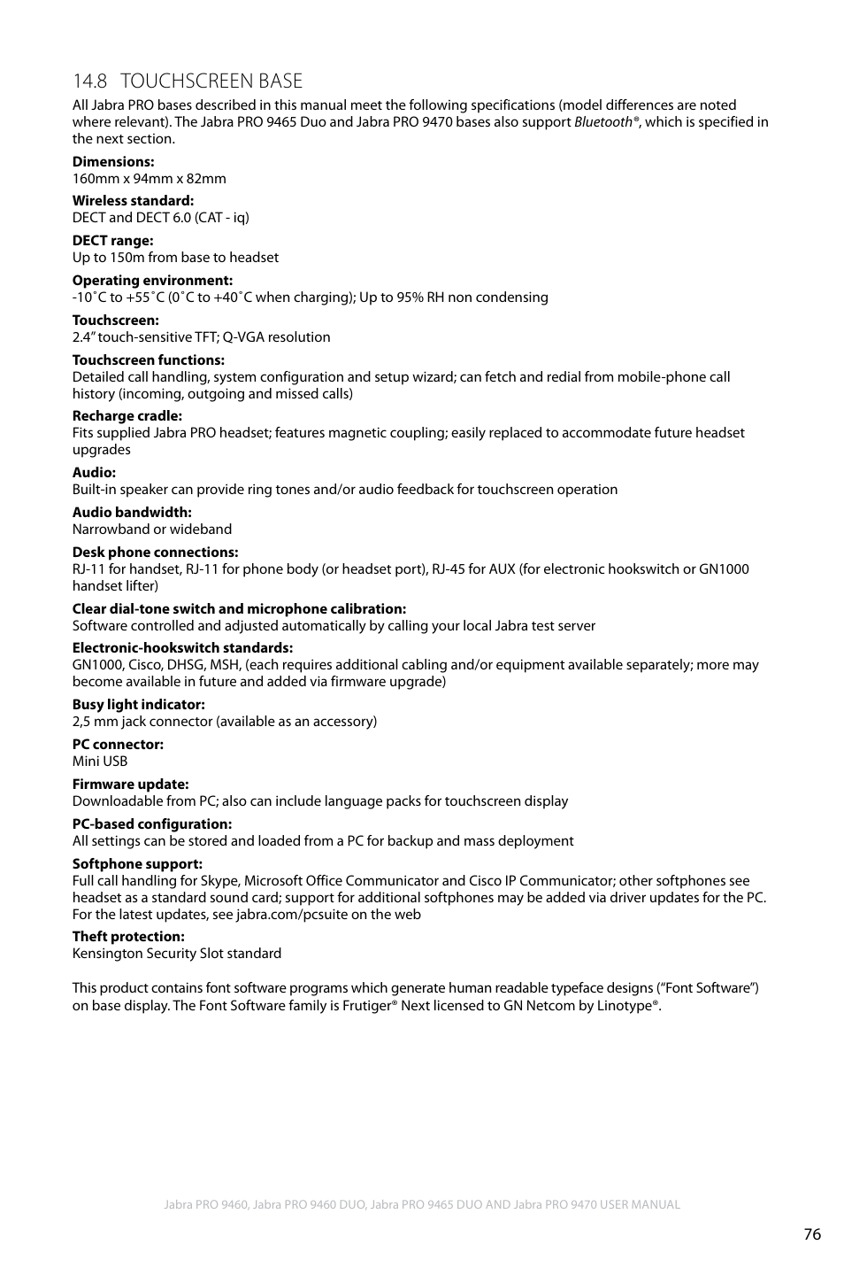 8 touchscreen base, En g li sh | Jabra PRO 9460 User Manual | Page 76 / 80