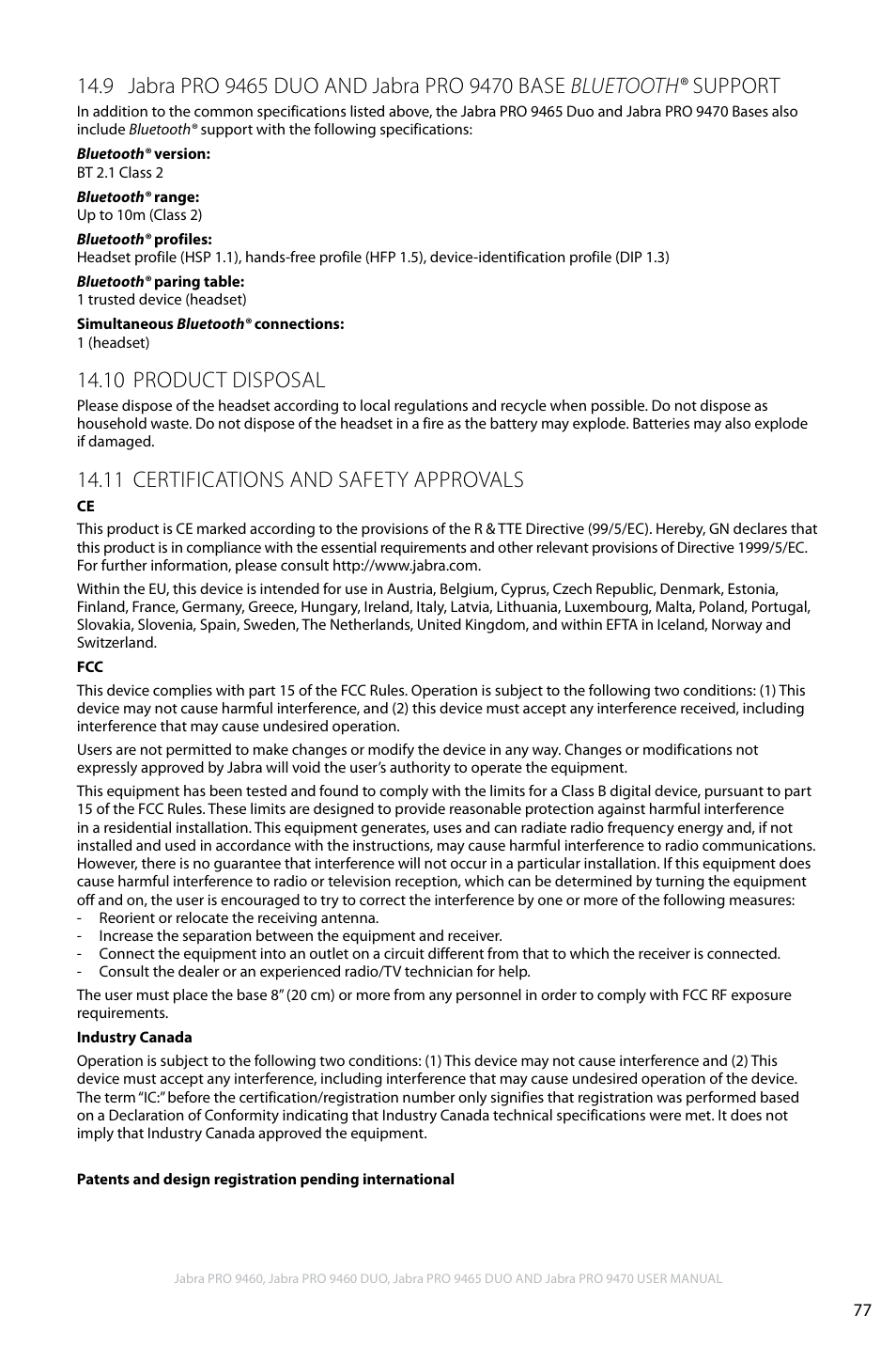 10 product disposal, 11 certifications and safety approvals, En g li sh | Jabra PRO 9460 User Manual | Page 77 / 80