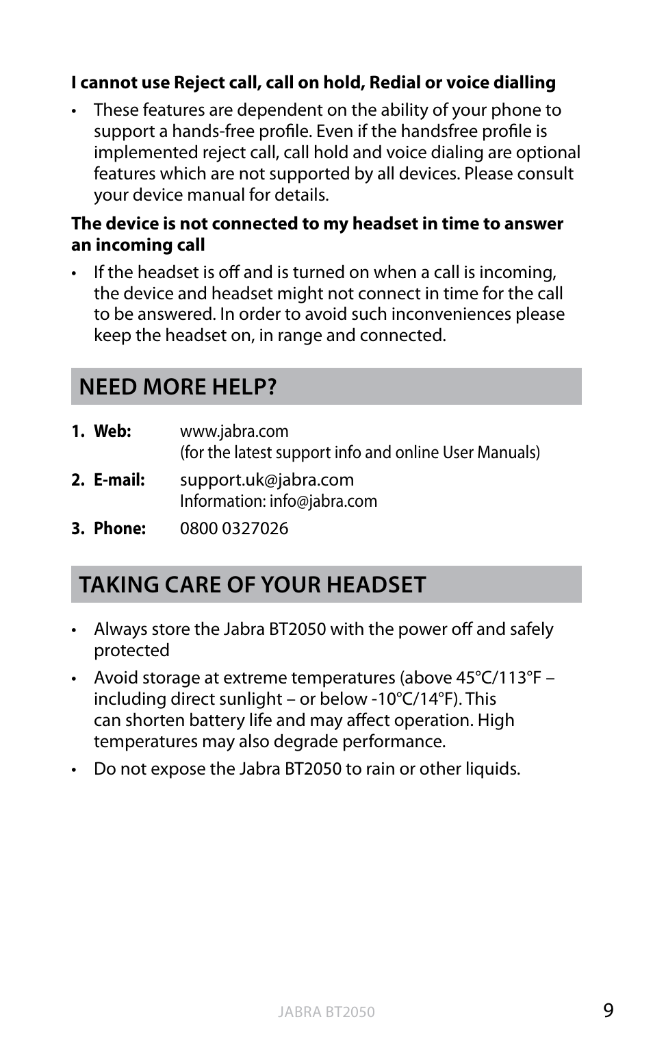 En g li sh, Need more help, Taking care of your headset | Jabra BT2050 User Manual | Page 10 / 18