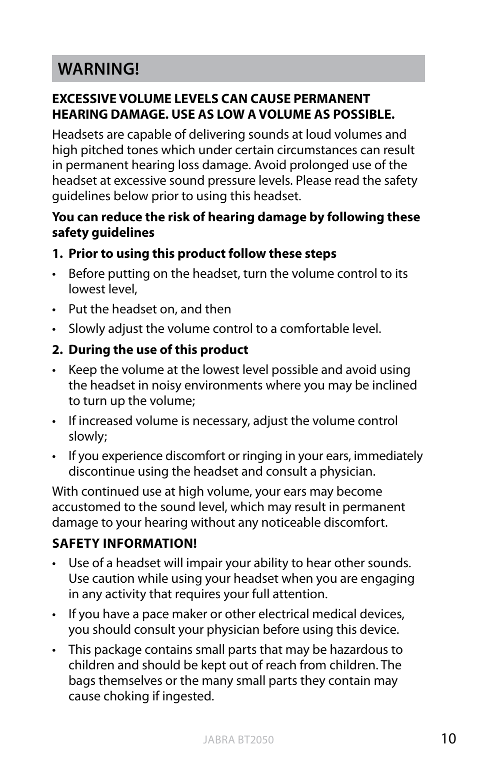 En g li sh, Warning | Jabra BT2050 User Manual | Page 11 / 18