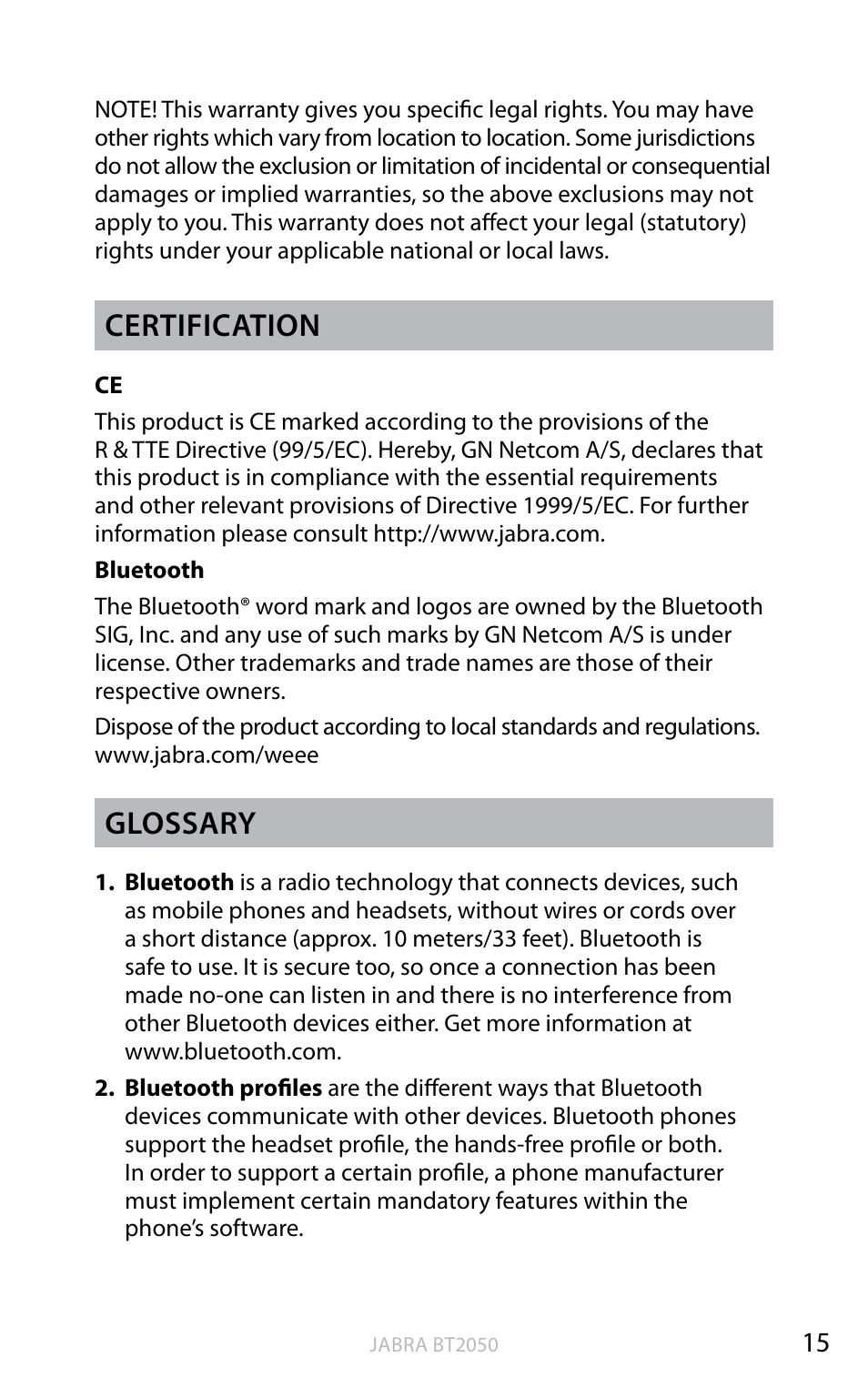 En g li sh, Certification, Glossary | Jabra BT2050 User Manual | Page 16 / 18