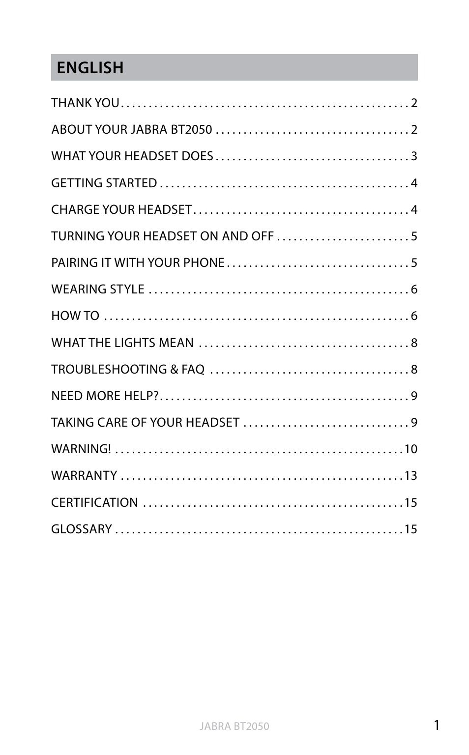 En g li sh, English | Jabra BT2050 User Manual | Page 2 / 18