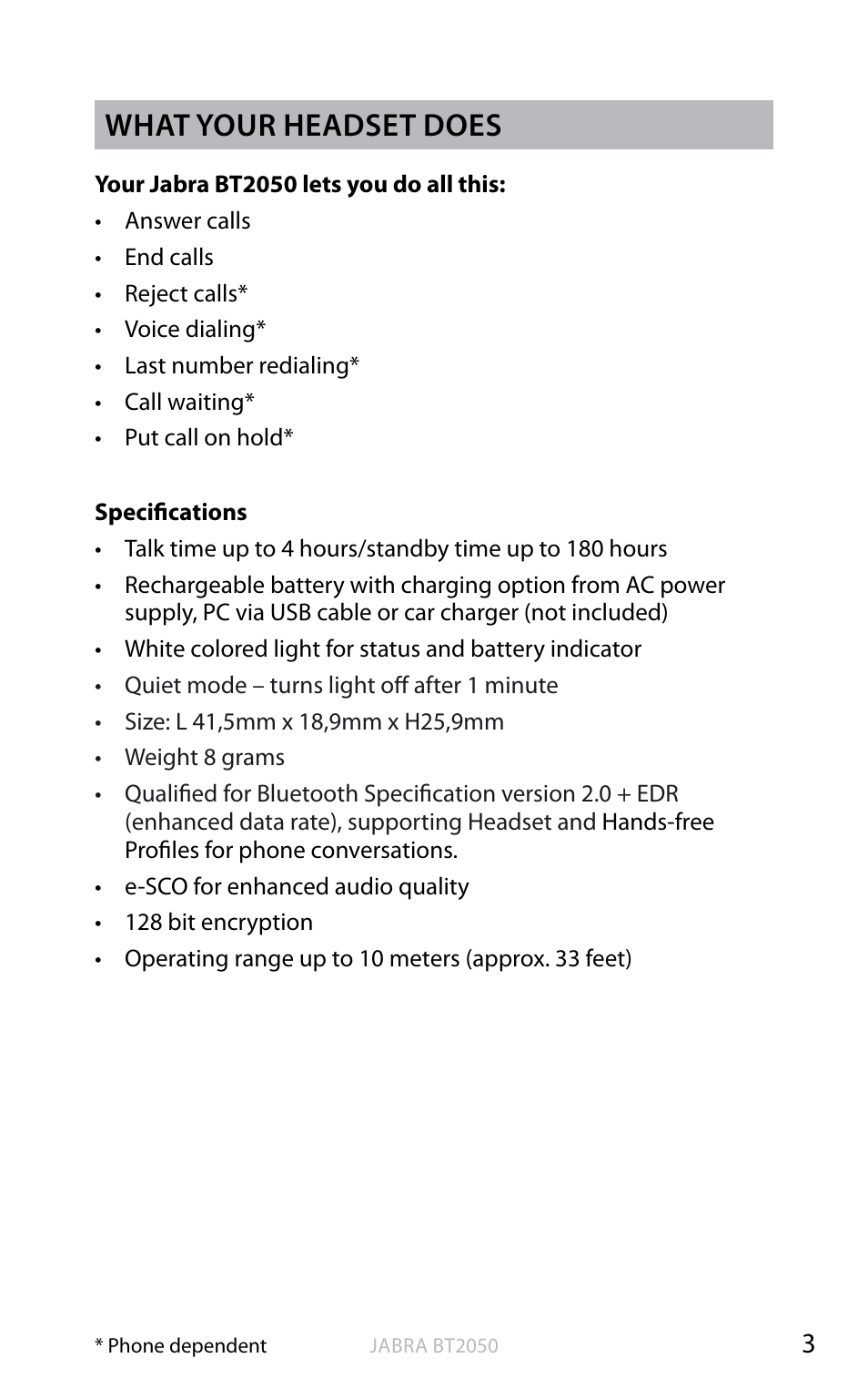 En g li sh, What your headset does | Jabra BT2050 User Manual | Page 4 / 18