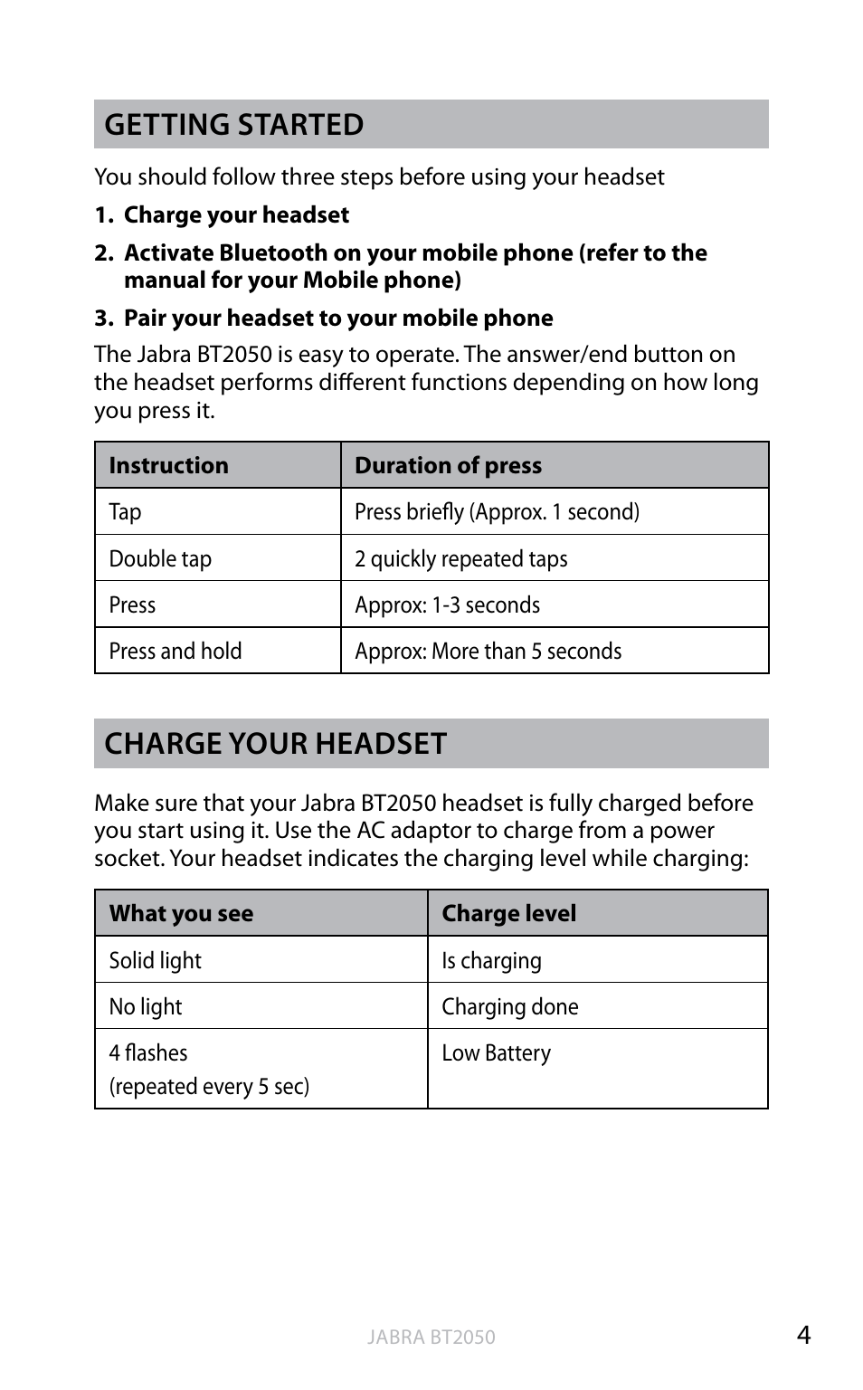 En g li sh, Getting started, Charge your headset | Jabra BT2050 User Manual | Page 5 / 18