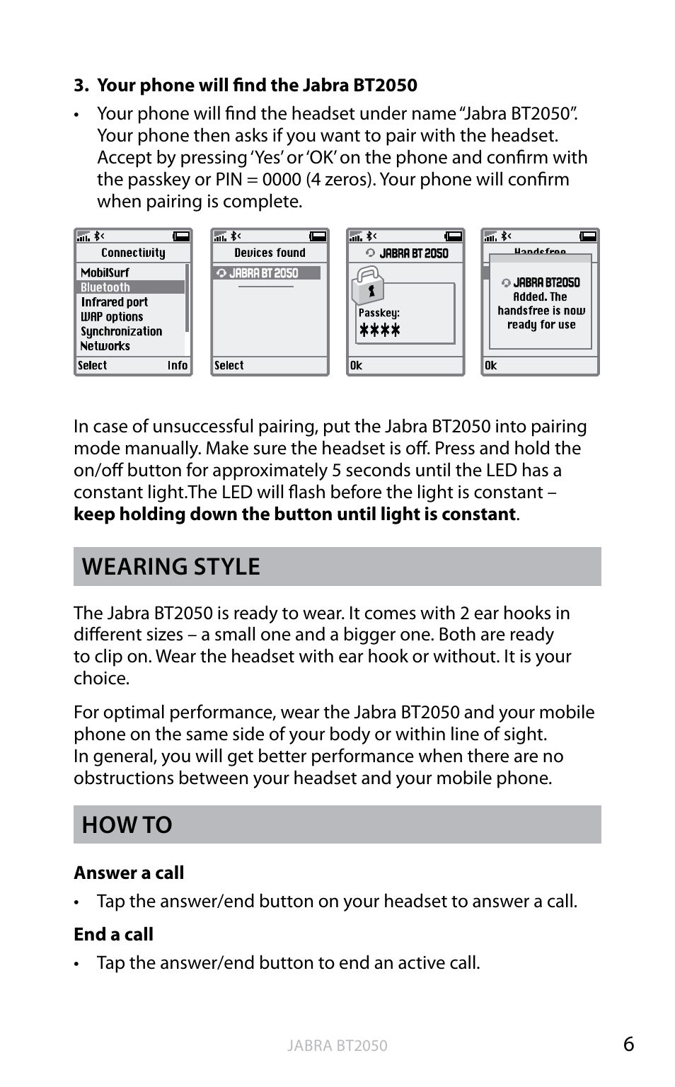 En g li sh, Wearing style, How to | Jabra BT2050 User Manual | Page 7 / 18