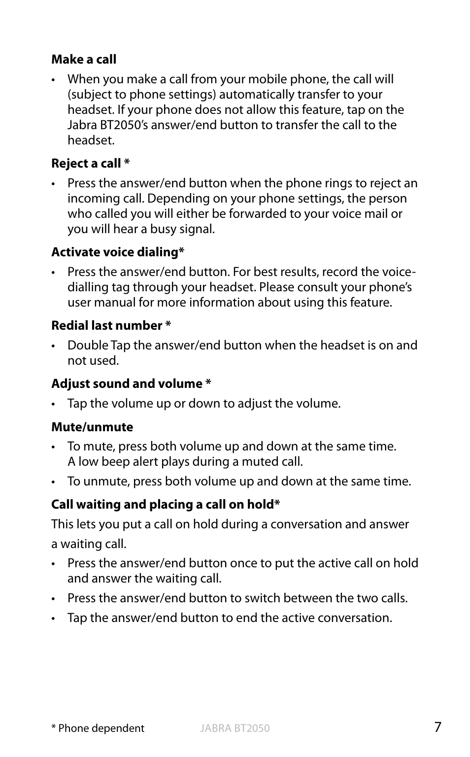 En g li sh | Jabra BT2050 User Manual | Page 8 / 18