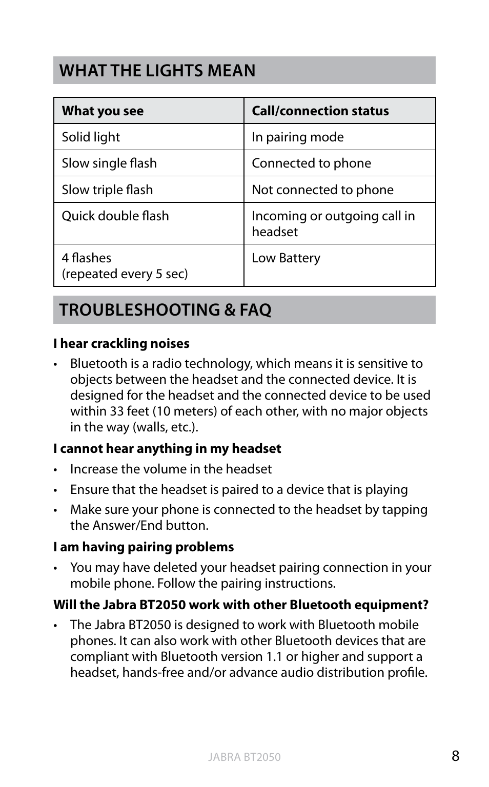 En g li sh, What the lights mean, Troubleshooting & faq | Jabra BT2050 User Manual | Page 9 / 18