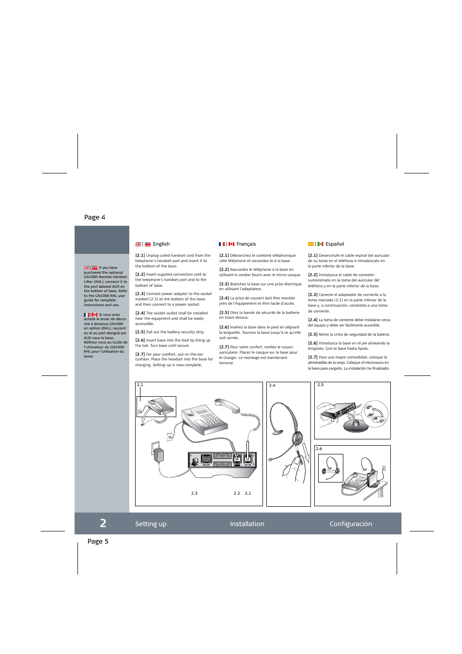 Page 03 overview description vista general, Page 2, Page 5 setting up installation configuración | Page 4, Page 7 charging charge carga, Page 6 | Jabra GN9120 User Manual | Page 3 / 9