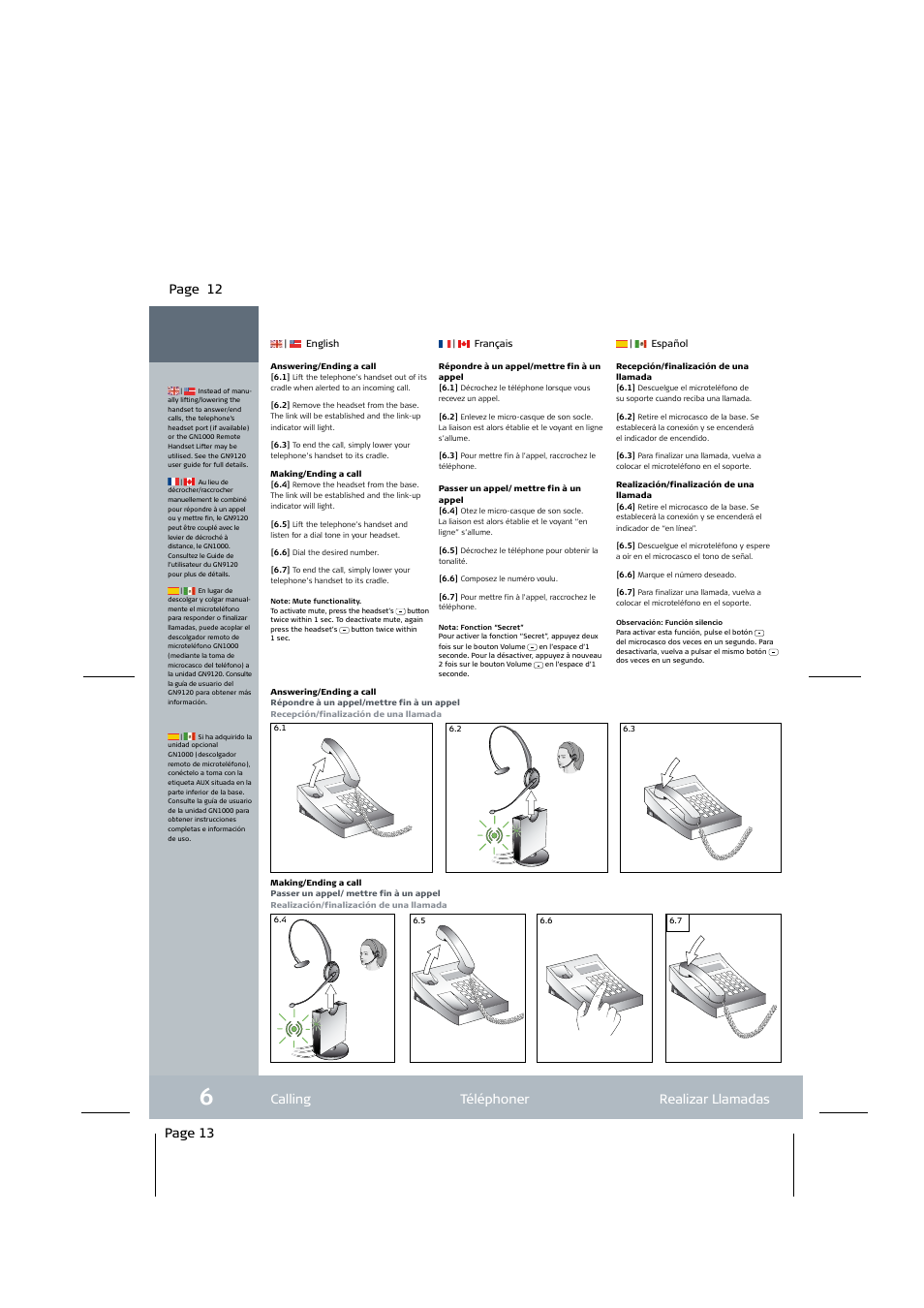 Page 13 calling téléphoner realizar llamadas, Page 12, Page 15 volume volume volumen | Page 14 | Jabra GN9120 User Manual | Page 7 / 9