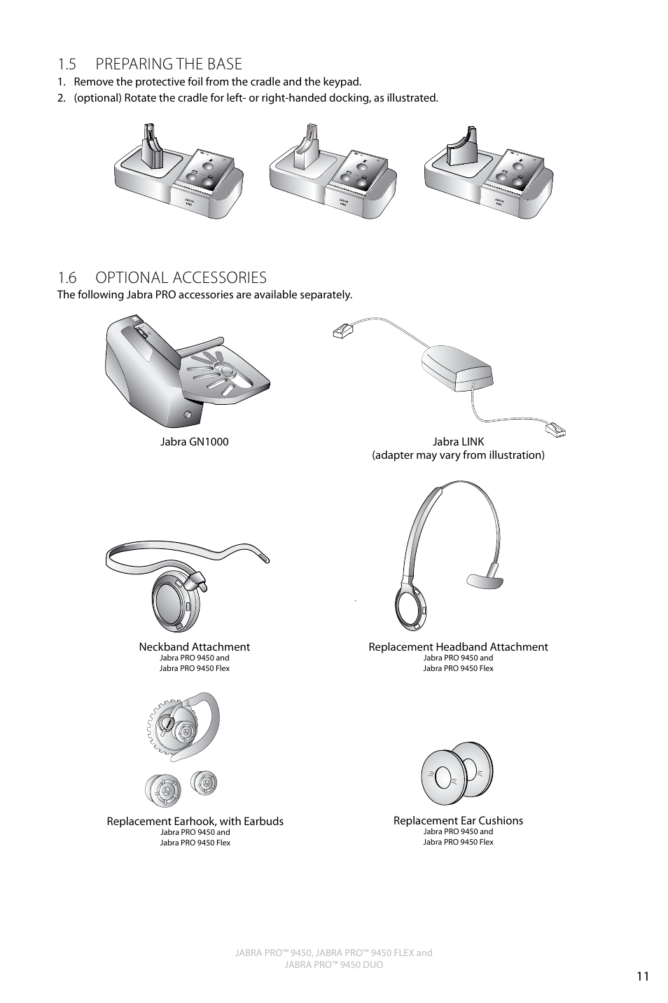 English, 5 preparing the base, 6 optional accessories | Jabra Pro 9450 User Manual | Page 11 / 34