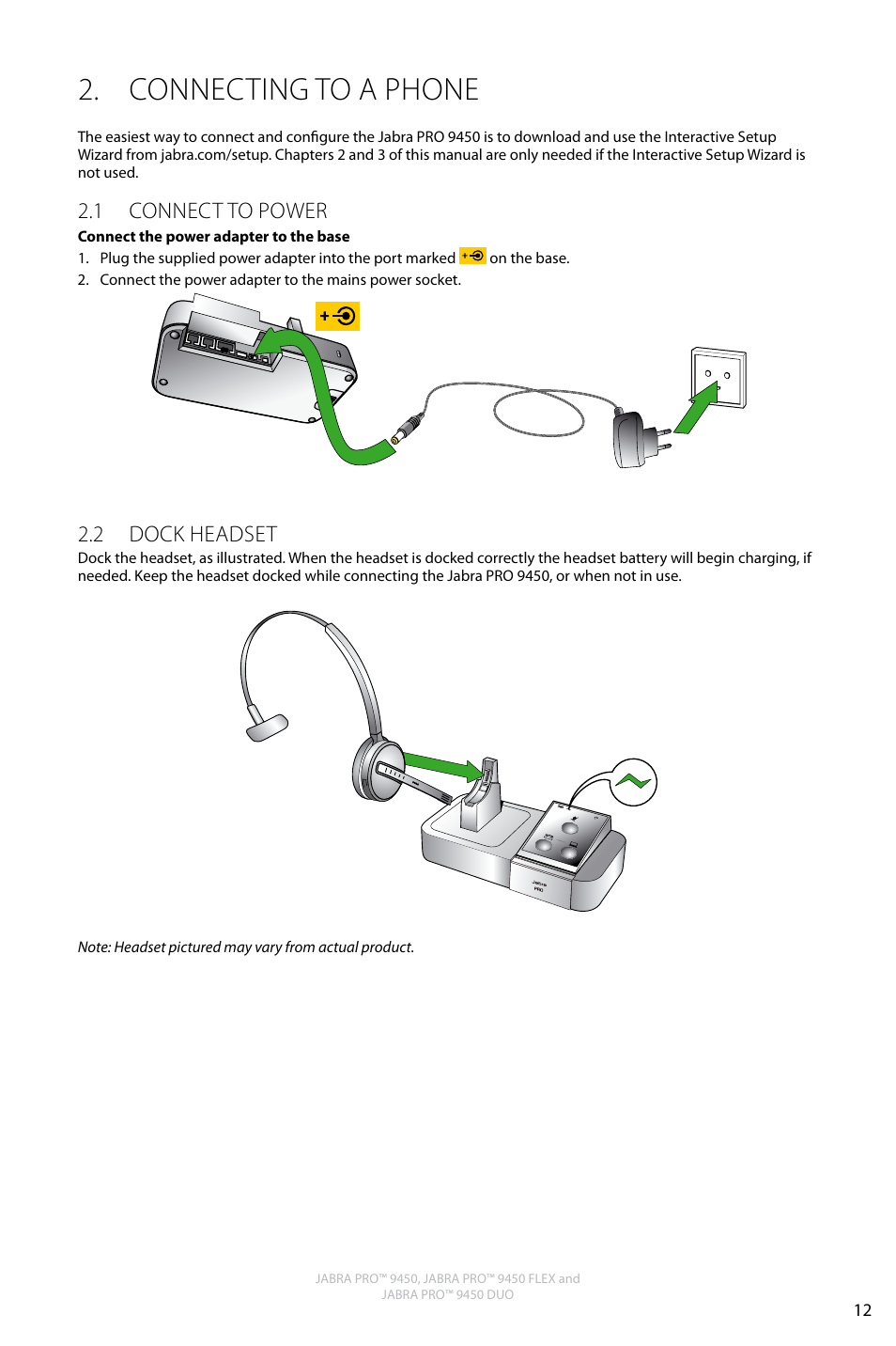 Connecting to a phone, English, 1 connect to power | 2 dock headset | Jabra Pro 9450 User Manual | Page 12 / 34