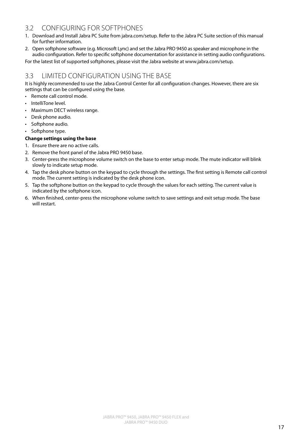 English, 2 configuring for softphones, 3 limited configuration using the base | Jabra Pro 9450 User Manual | Page 16 / 34