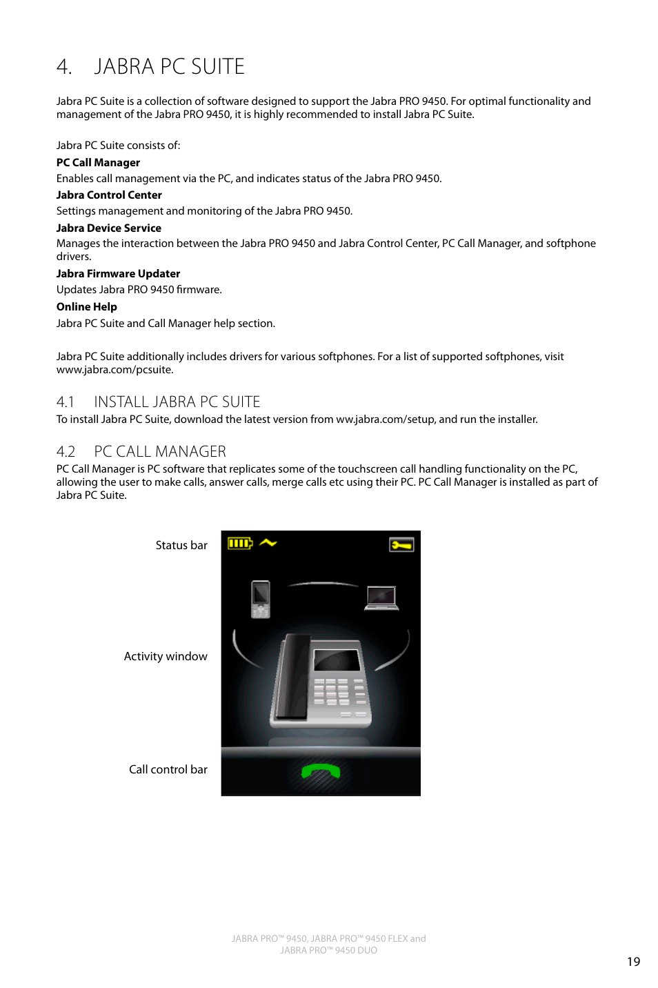 Jabra pc suite, English, 1 install jabra pc suite | 2 pc call manager | Jabra Pro 9450 User Manual | Page 18 / 34