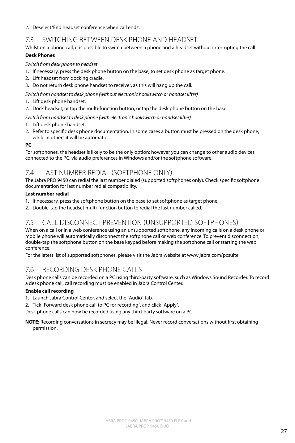 English, 3 switching between desk phone and headset, 4 last number redial (softphone only) | 6 recording desk phone calls | Jabra Pro 9450 User Manual | Page 26 / 34