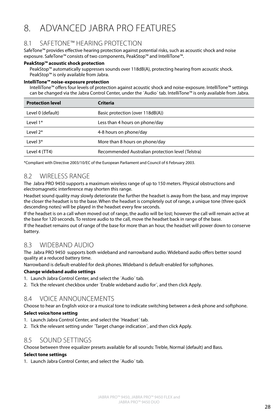 Advanced jabra pro features, English, 1 safetone™ hearing protection | 2 wireless range, 3 wideband audio, 4 voice announcements, 5 sound settings | Jabra Pro 9450 User Manual | Page 27 / 34