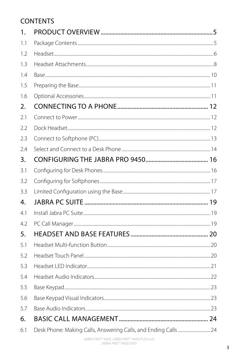 Contents 1. product overview, Connecting to a phone, Configuring the jabra pro 9450 | Jabra pc suite, Headset and base features, Basic call management | Jabra Pro 9450 User Manual | Page 3 / 34