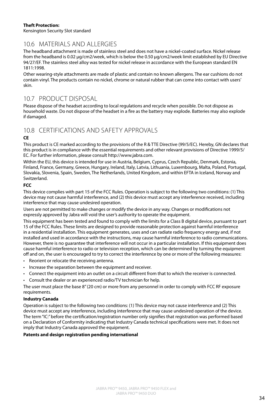 English, 6 materials and allergies, 7 product disposal | 8 certifications and safety approvals | Jabra Pro 9450 User Manual | Page 33 / 34