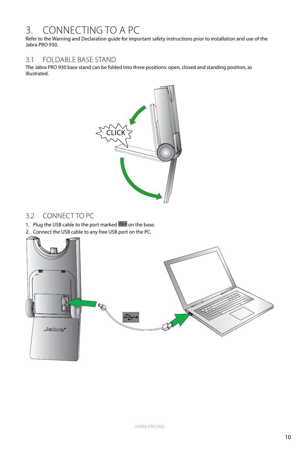 Connecting to a pc, 1 foldable base stand, 2 connect to pc | 1 foldable base stand 3.2 connect to pc, English, Click 3.2 connect to pc | Jabra PRO 930 User Manual | Page 10 / 24