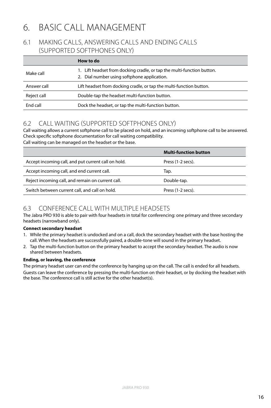 Basic call management, 2 call waiting, 3 conference call with multiple headsets | 1 making calls, answering calls and ending calls, Supported softphones only), English, 2 call waiting (supported softphones only) | Jabra PRO 930 User Manual | Page 16 / 24