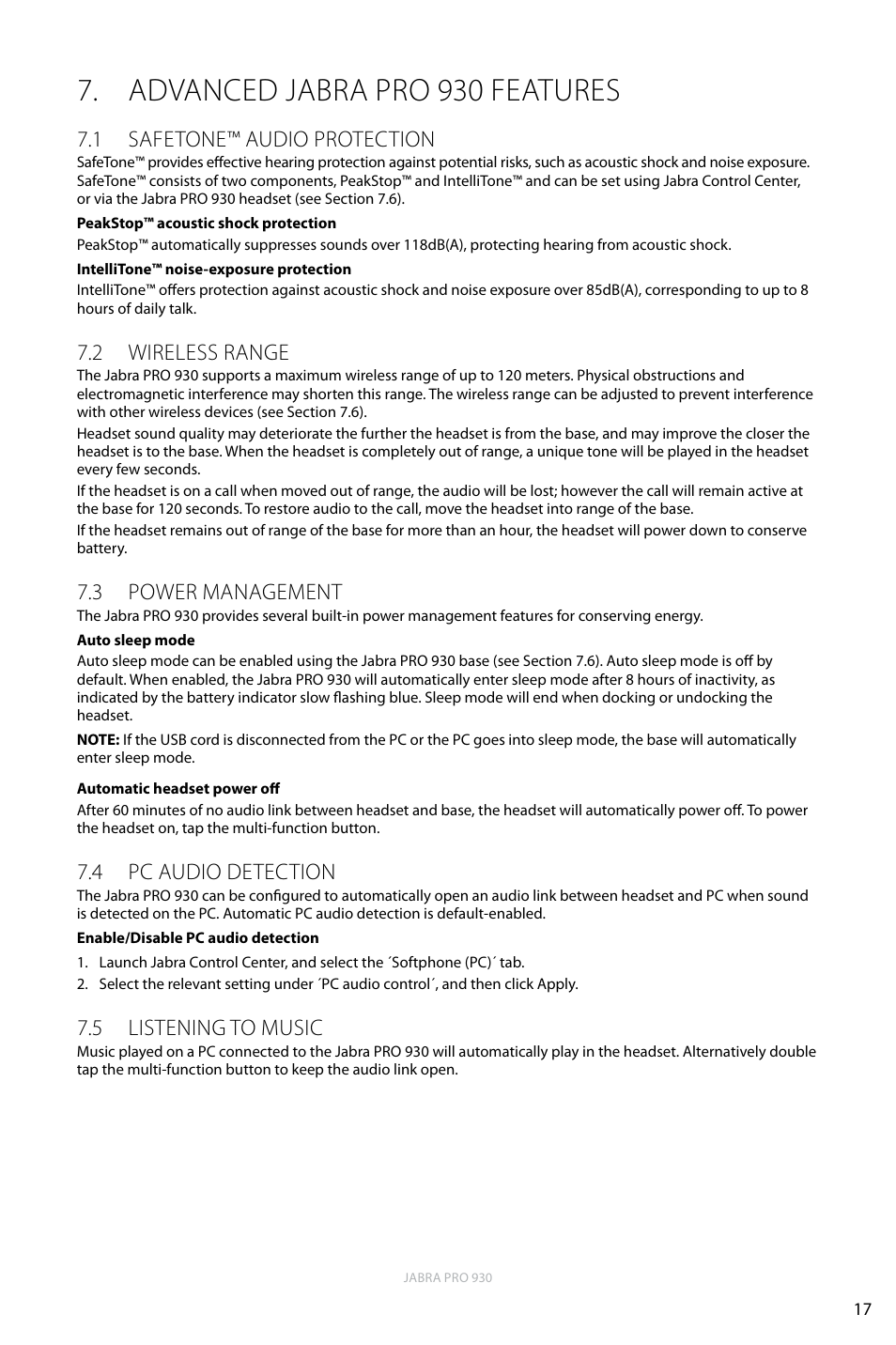 Advanced jabra pro 930 features, 1 safetone™ audio protection, 2 wireless range | 3 power management, 4 pc audio detection, 5 listening to music, English | Jabra PRO 930 User Manual | Page 17 / 24