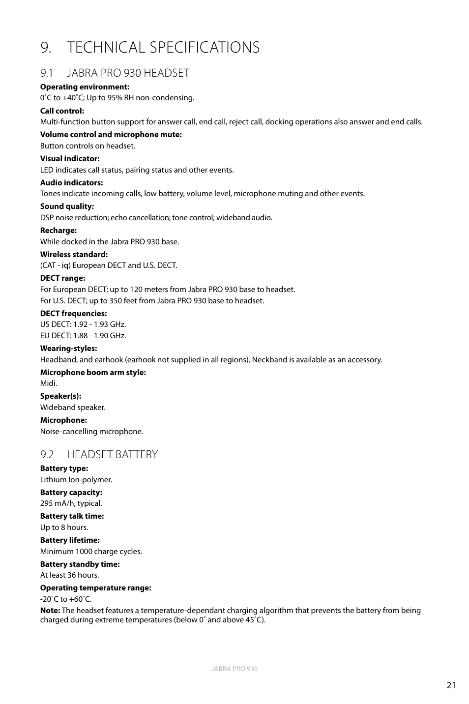 Technical specifications, 1 jabra pro 930 headset, 2 headset battery | 1 jabra pro 930 headset 9.2 headset battery | Jabra PRO 930 User Manual | Page 21 / 24