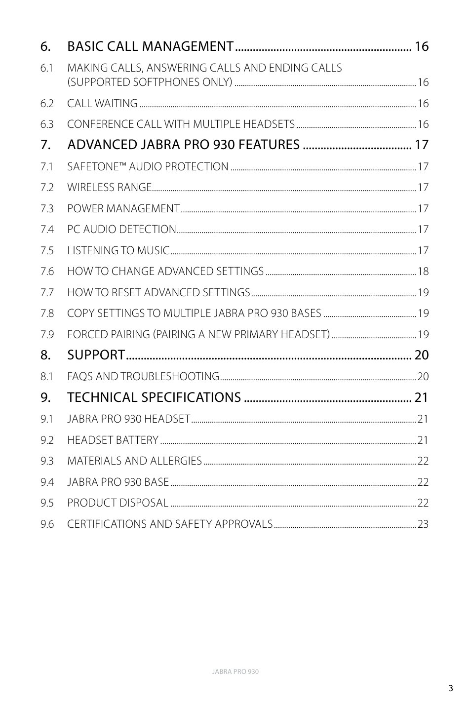 Basic call management, Advanced jabra pro 930 features, Support | Technical specifications | Jabra PRO 930 User Manual | Page 3 / 24