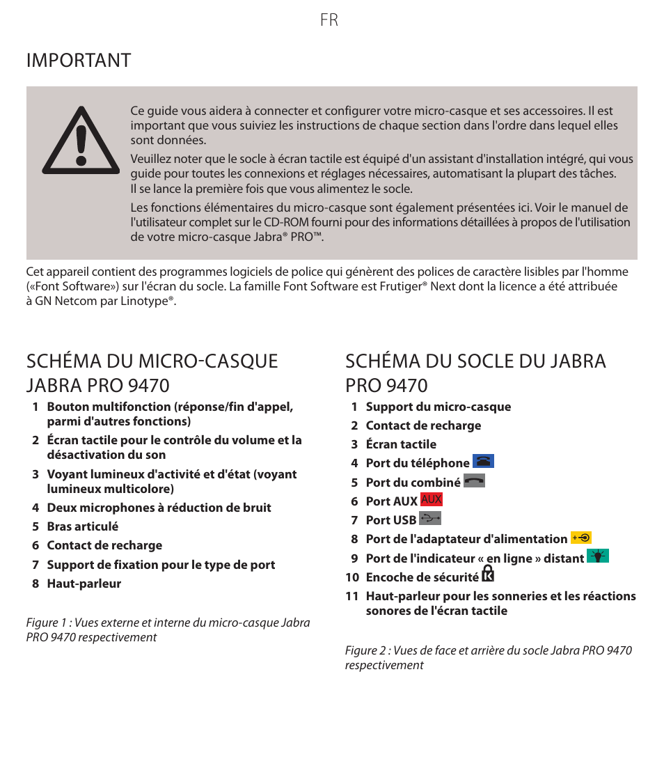 Important, Schéma du micro-casque jabra pro 9470, Schéma du socle du jabra pro 9470 | Jabra PROTM 9470 User Manual | Page 11 / 41