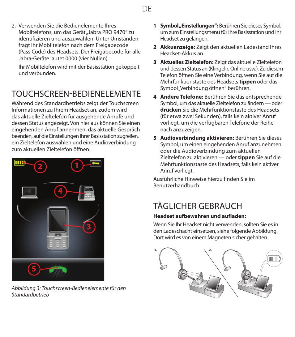 Touchscreen-bedienelemente, Täglicher gebrauch | Jabra PROTM 9470 User Manual | Page 23 / 41