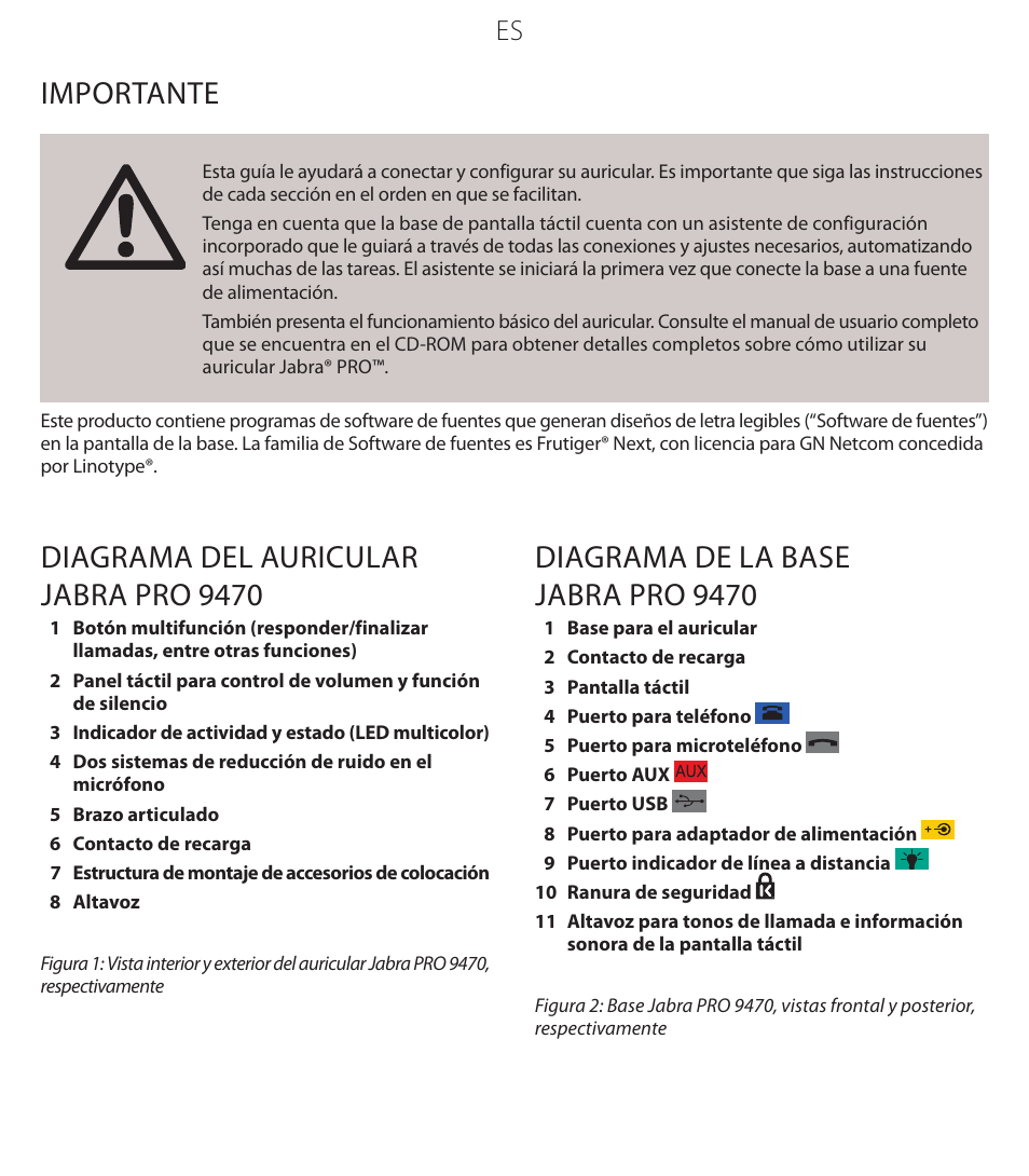 Diagrama del auricular jabra pro 9470, Diagrama de la base jabra pro 9470, Importante | Jabra PROTM 9470 User Manual | Page 27 / 41