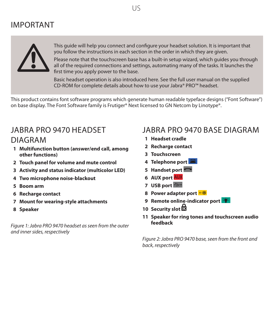 Jabra pro 9470 base diagram, Jabra pro 9470 headset diagram, Important | Jabra PROTM 9470 User Manual | Page 3 / 41