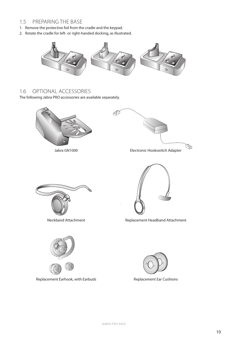 5 preparing the base, 6 optional accessories, En g li sh | Jabra Pro 9450 User Manual | Page 10 / 38