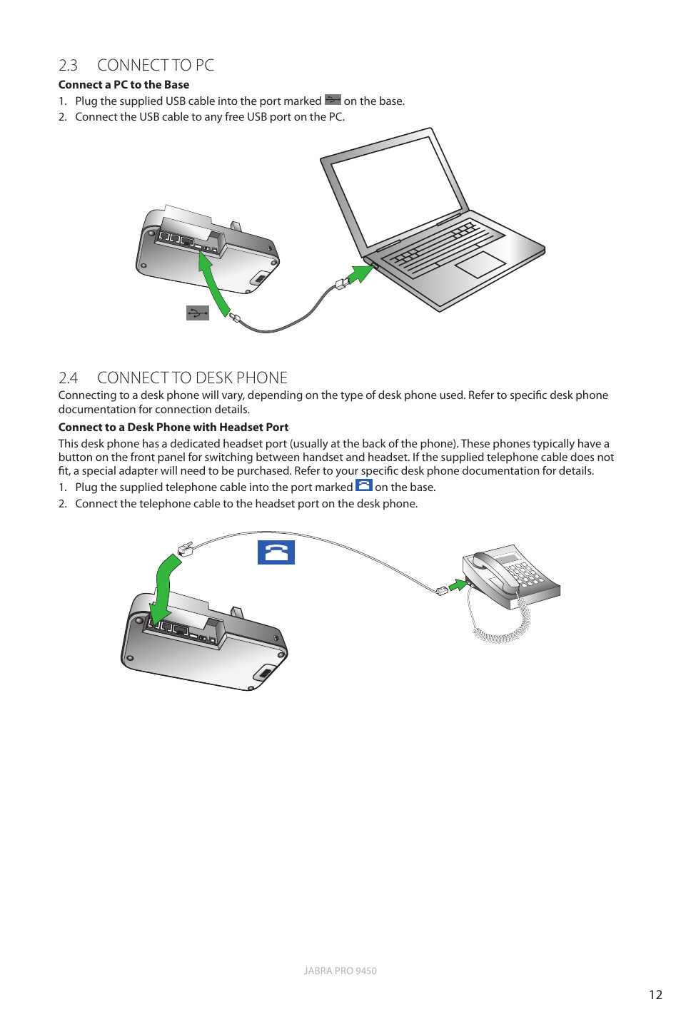 4 connect to desk phone, En g li sh, 3 connect to pc | Jabra Pro 9450 User Manual | Page 12 / 38