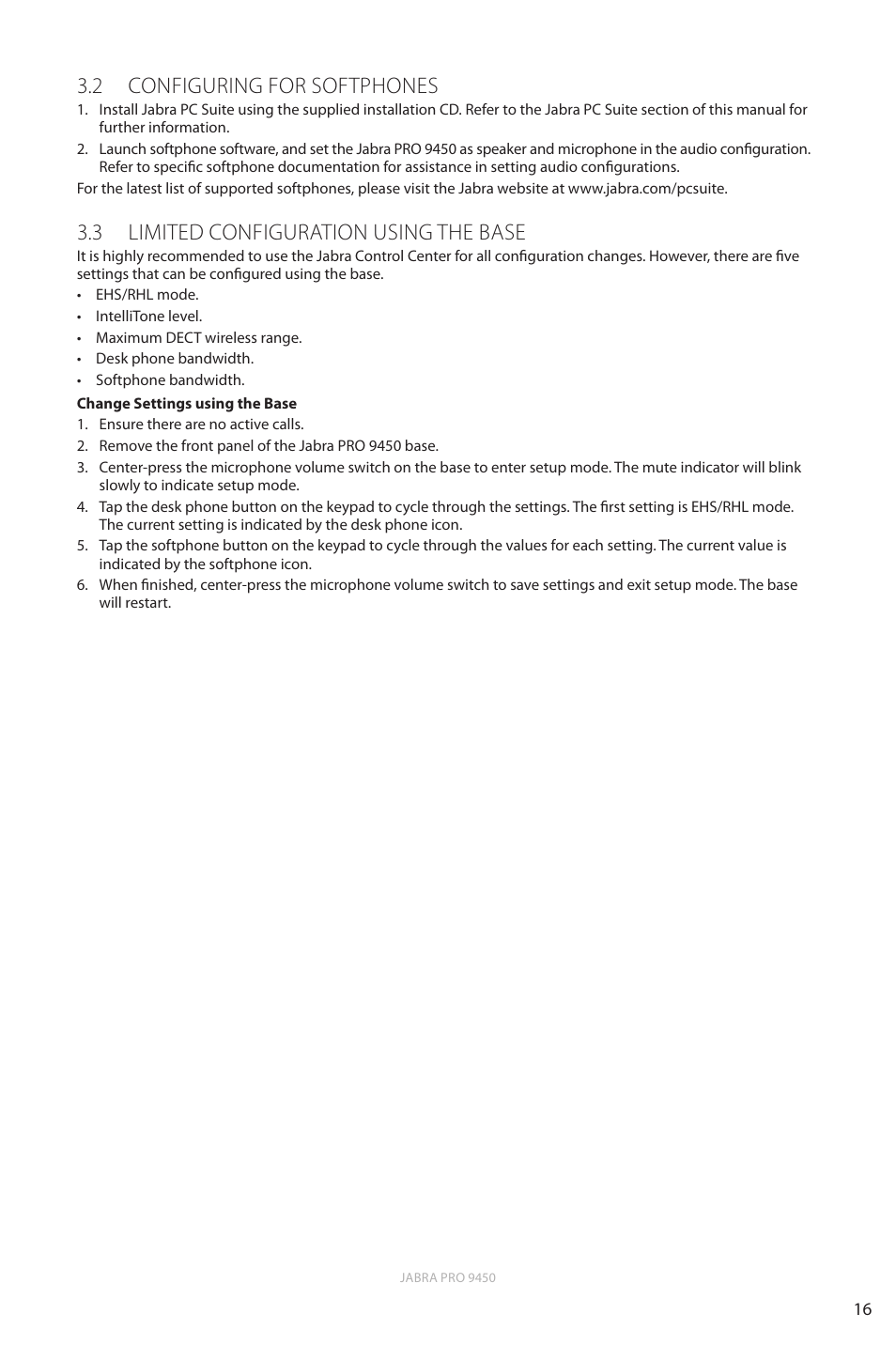 2 configuring for softphones, 3 limited configuration using the base, En g li sh | Jabra Pro 9450 User Manual | Page 16 / 38