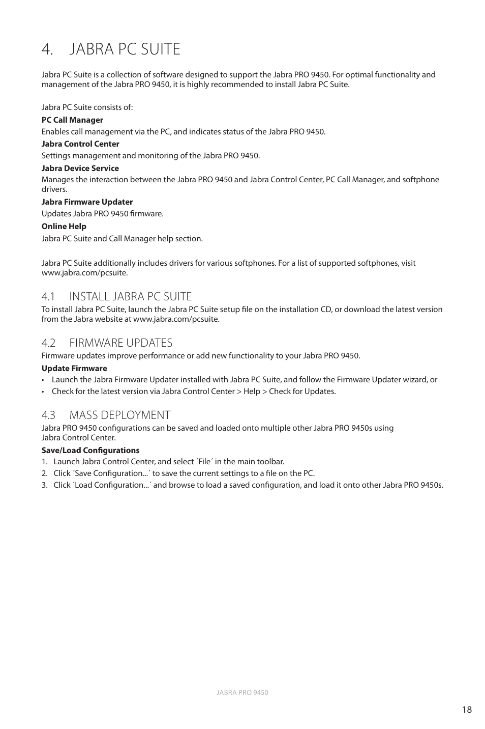 Jabra pc suite, 1 install jabra pc suite, 2 firmware updates | 3 mass deployment, En g li sh | Jabra Pro 9450 User Manual | Page 18 / 38