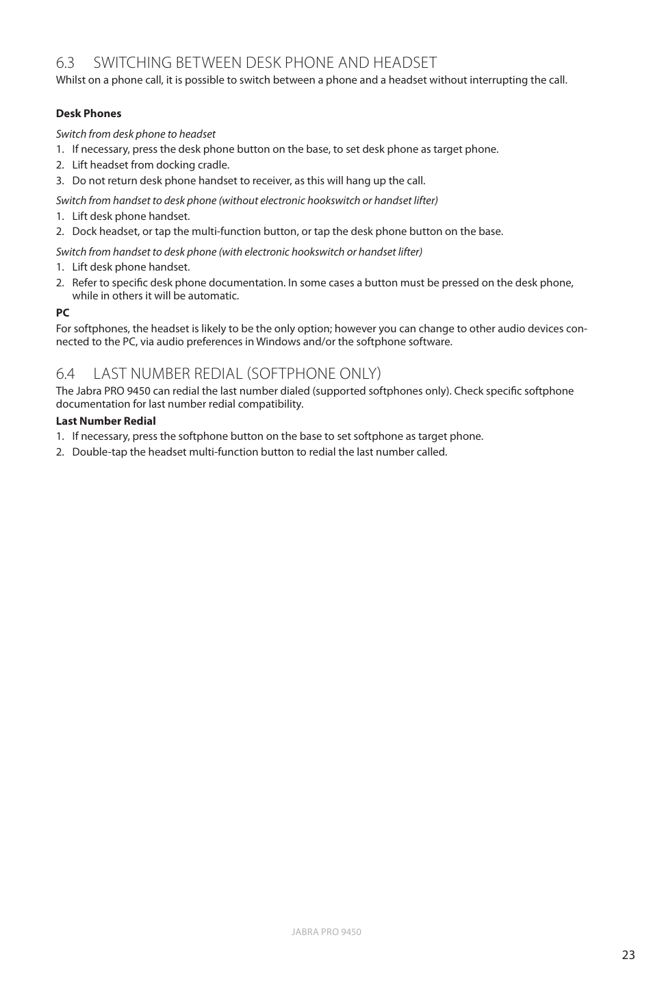 3 switching between desk phone and headset, 4 last number redial (softphone only), En g li sh | Jabra Pro 9450 User Manual | Page 23 / 38