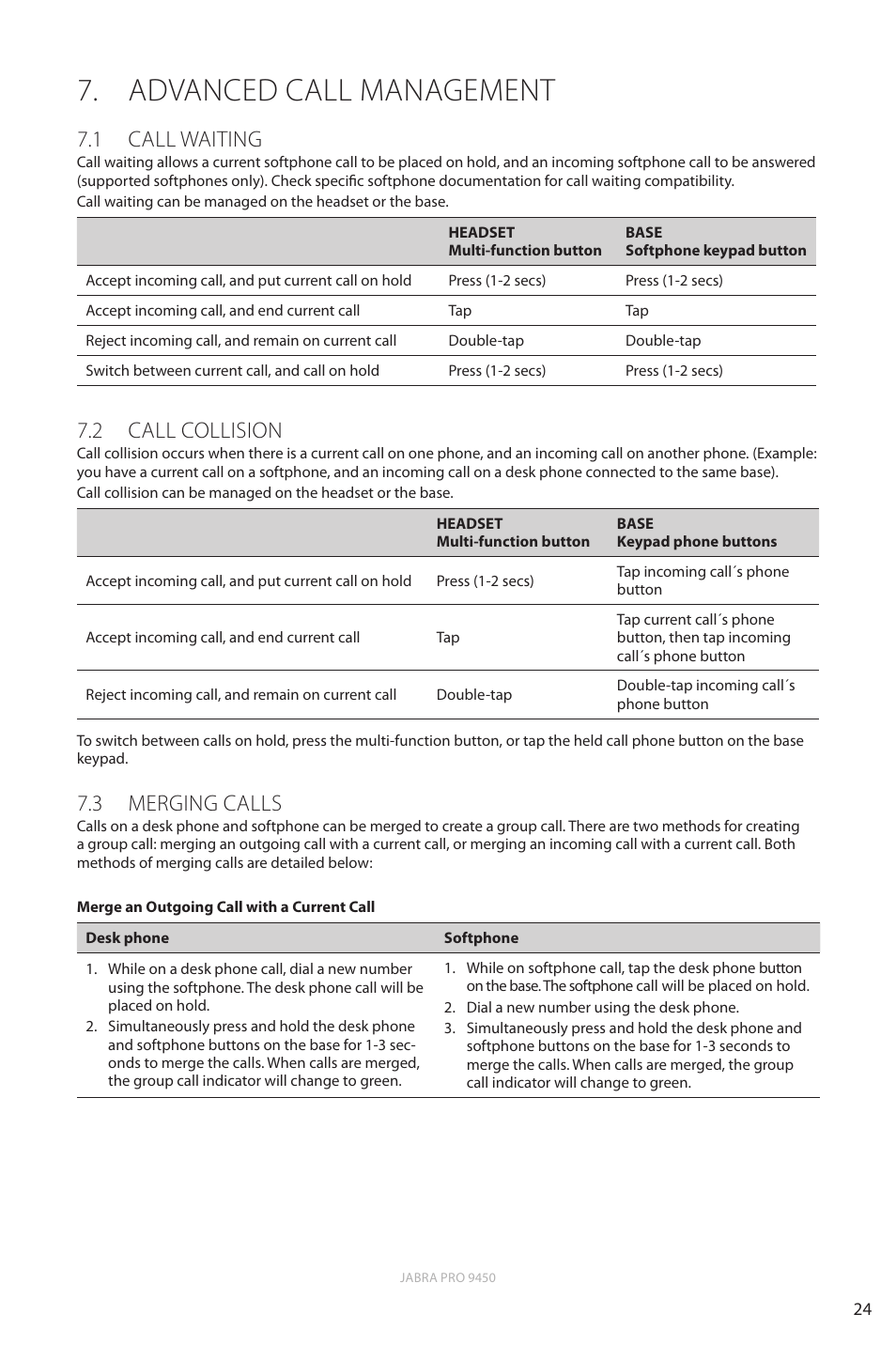 Advanced call management, 1 call waiting, 2 call collision | 3 merging calls, En g li sh | Jabra Pro 9450 User Manual | Page 24 / 38