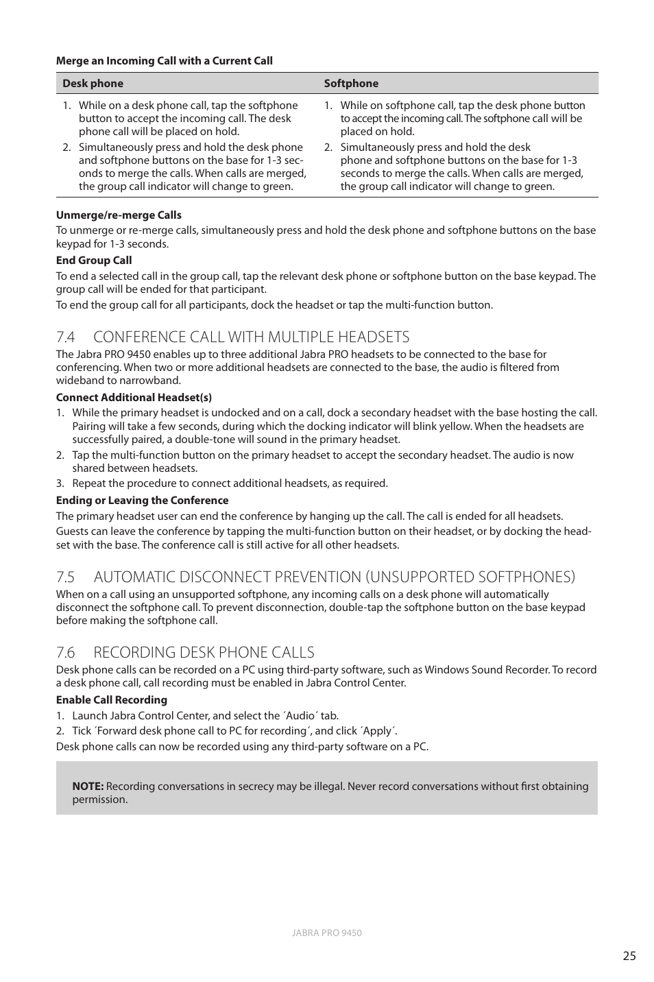 4 conference call with multiple headsets, 6 recording desk phone calls, En g li sh | Jabra Pro 9450 User Manual | Page 25 / 38